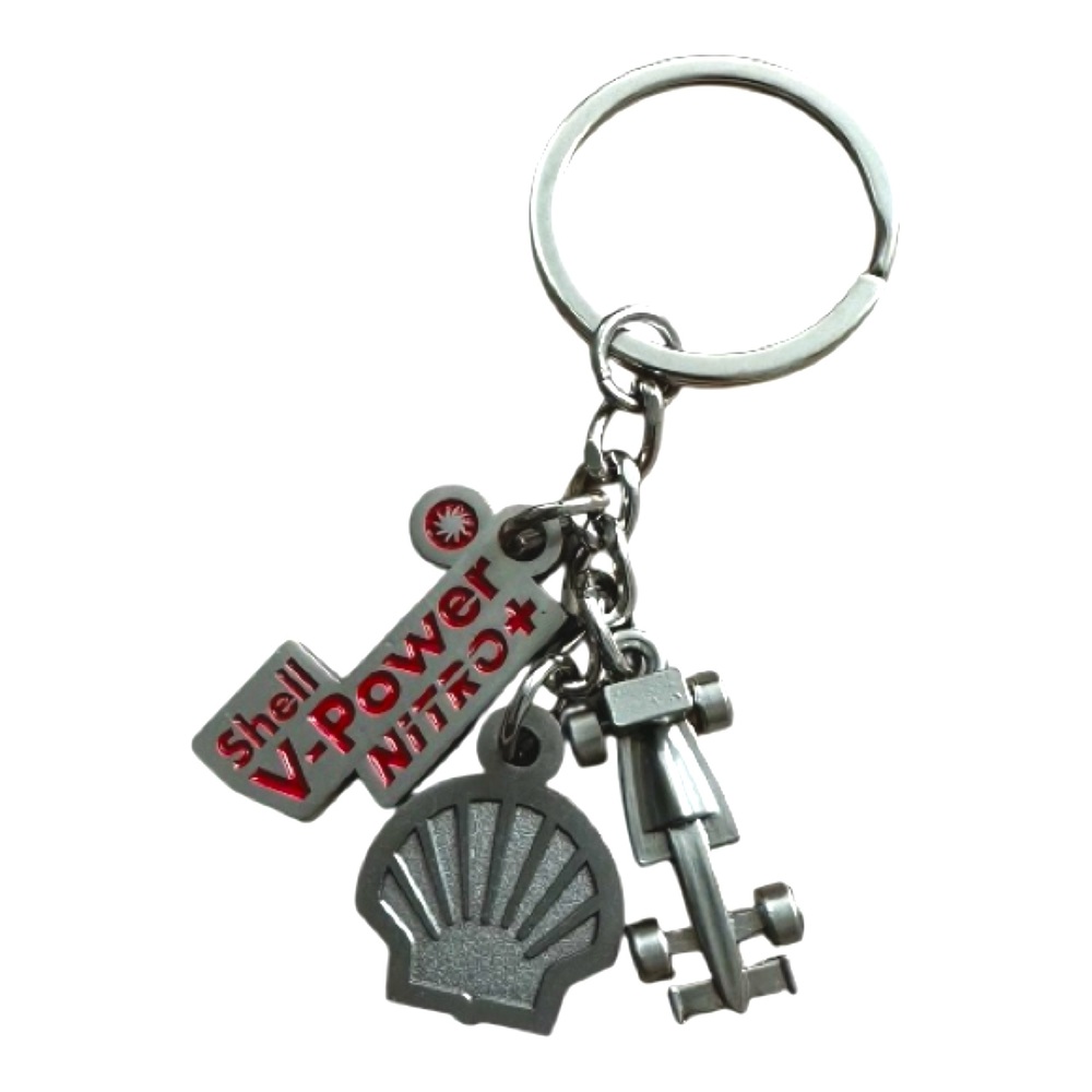 SHELL V-Power NITRO+ 3-Charm Matte Silver Tone Keychain - New